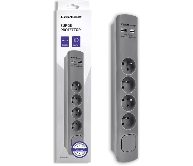Qoltec Listwa antyprzepięciowa - 4 gniazda, 2x USB, 1.8m, szara - 1122553 - zdjęcie 2